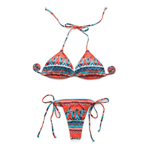 I-Glam Brazilian Thong String Bikini No Padding Orange with Turquoise Blue print Swimsuit