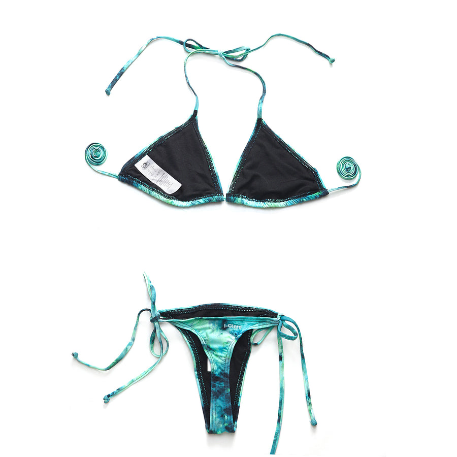 I-Glam Print Brazilian Thong String Bikini No Padding Green Pattern